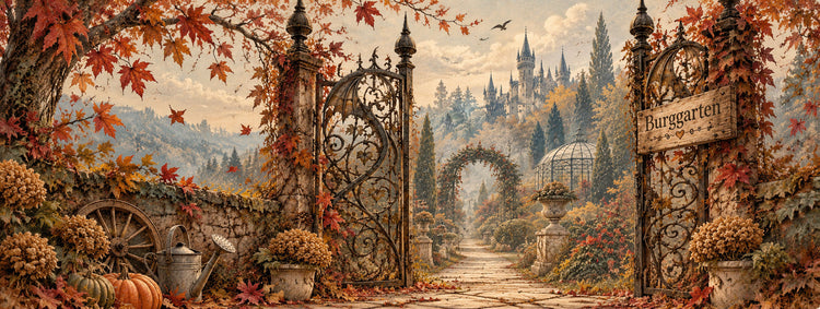 Märchenhafter Eingang zum Burggarten von Drachenherz mit offenem schmiedeeisernem Tor, Herbstlaub und Schloss im Hintergrund