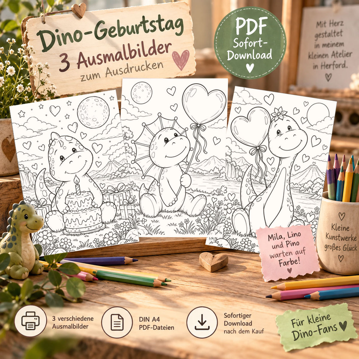 Dino-Ausmalset mit drei Ausmalbildern von Mila, Lino und Pino als PDF zum Ausdrucken