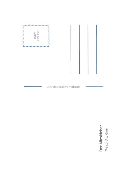 Rückseite der Postkarte Der Alleskleber mit Adressfeld und Platz für eine persönliche Nachricht