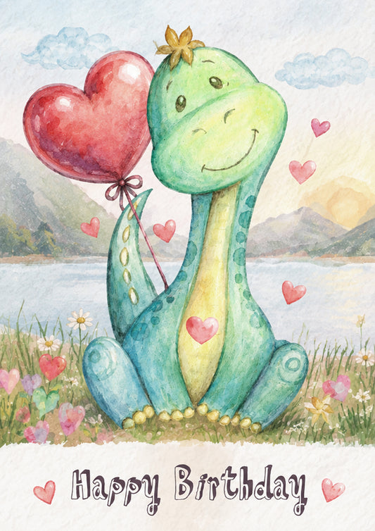 Geburtstagskarte mit grünem Dino Lino und rotem Herzballon in einer liebevoll illustrierten Landschaft