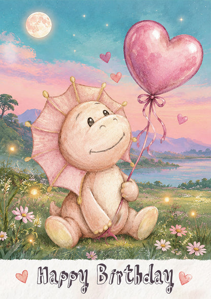 Geburtstagskarte mit Dino Mila und rosa Herzballon in einer märchenhaften Landschaft
