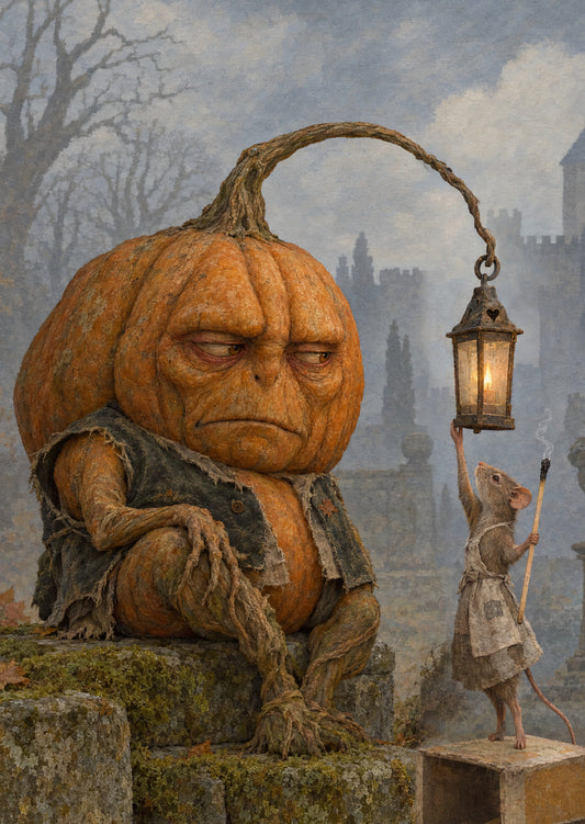 Märchenhafte Halloween-Postkarte mit mürrischem Kürbis und Maus mit Laterne im Burggarten von Drachenherz