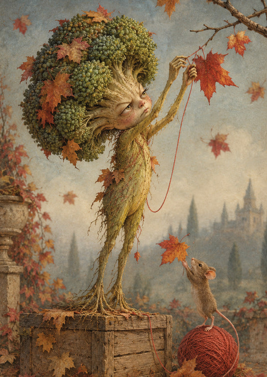 Märchenhafte Herbst-Postkarte mit dem Herbstretter, der mit Nadel und Faden fallende Blätter am Baum festhalten möchte